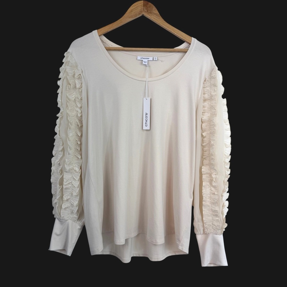 NWT Chico's Chiffon Pleat Sleeve Tee Size 3 US XL Cream Ruffle Romantic Coquette
